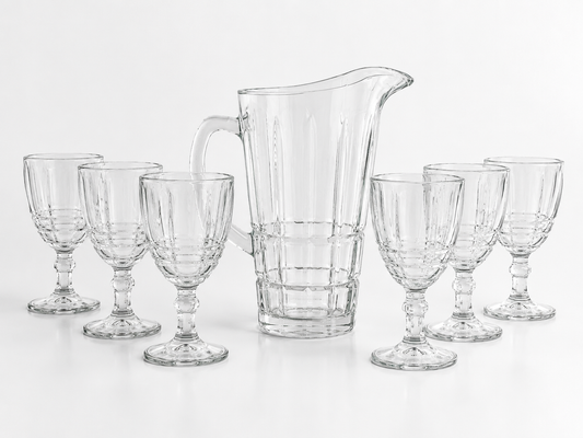 Set carafă cu 6 pahare din sticlă transparentă – 7 piese