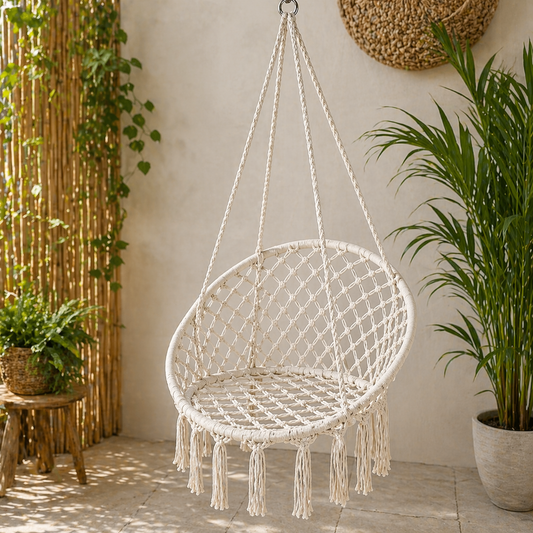 Scaun balansoar tip hamac din macrame pentru grădină sau terasă