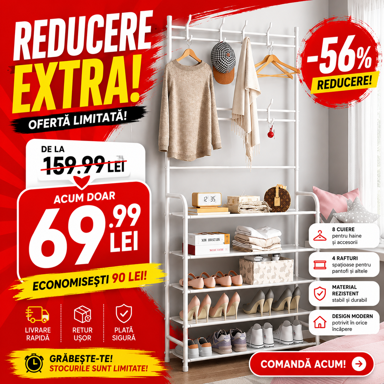 Cuier Metalic Multifuncțional cu 5 Rafturi și 8 Cârlige