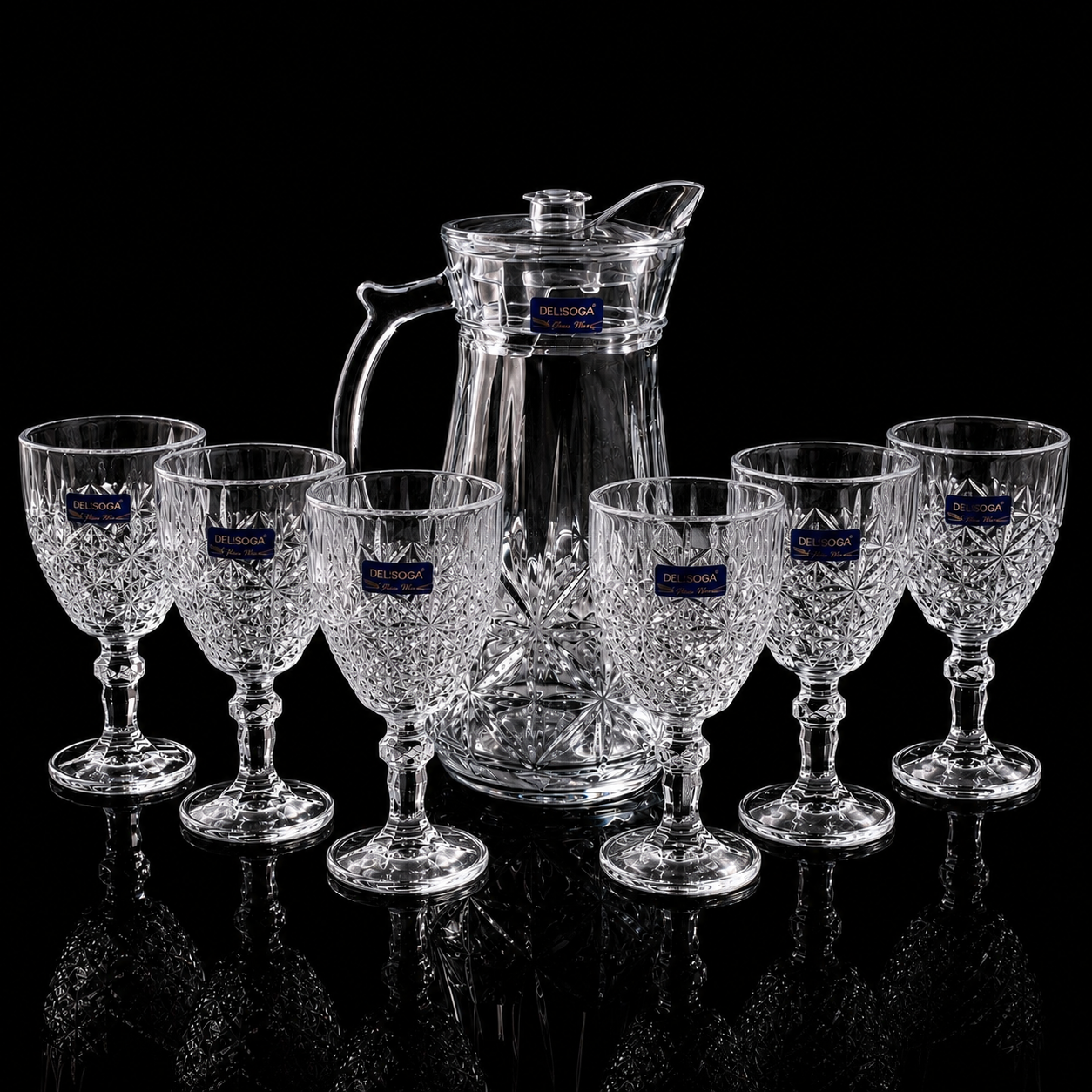 Set 7 piese din sticlă – Carafă cu capac + 6 pahare elegante, model cristal