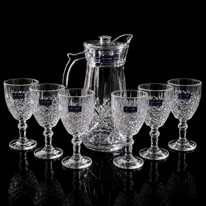 Set 7 piese din sticlă – Carafă cu capac + 6 pahare elegante, model cristal