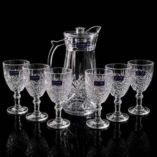 Set 7 piese din sticlă – Carafă cu capac + 6 pahare elegante, model cristal