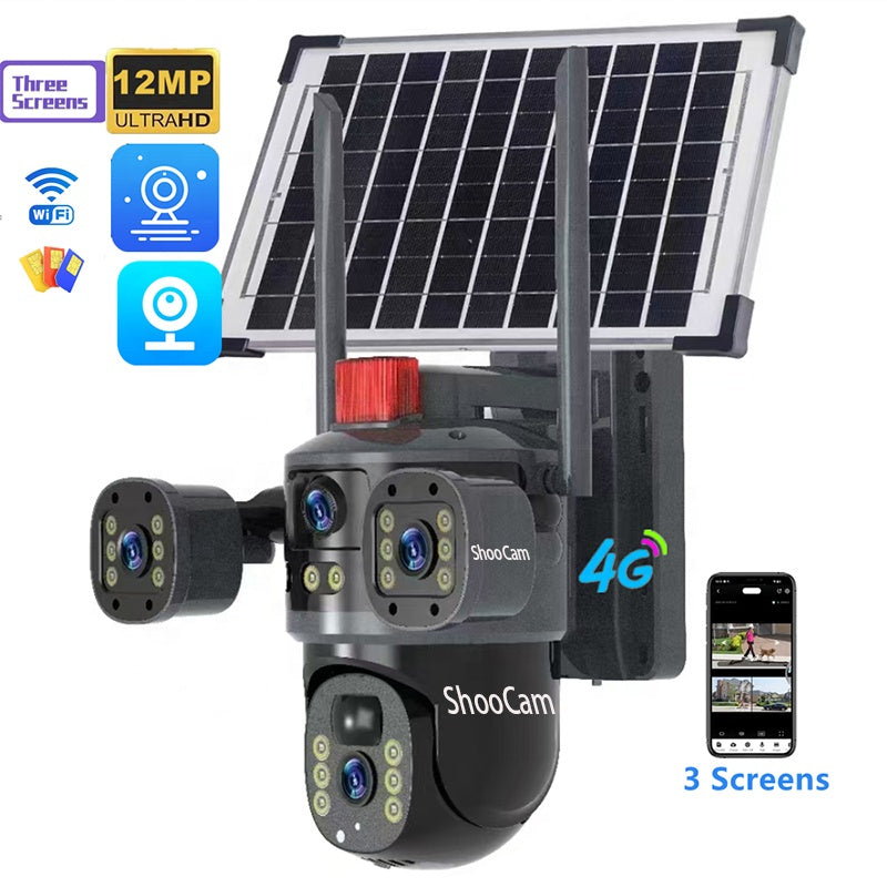 Cameră de supraveghere 2în1 cu panou solar, conexiune SIM 4G, vedere triplă, 2 lentile, 6MP Ultra HD, zoom 10x, rotire automată 355° și 90°, urmărire inteligentă, Night Vision color, LED nocturn, senzori PIR