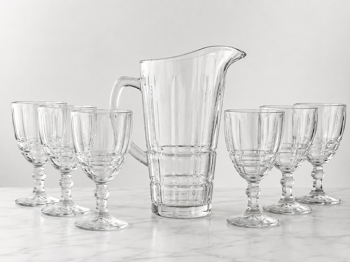 Set carafă cu 6 pahare din sticlă transparentă – 7 piese