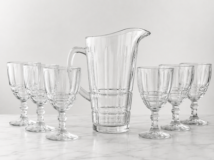 Set carafă cu 6 pahare din sticlă transparentă – 7 piese