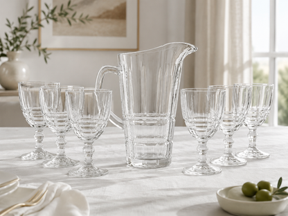 Set carafă cu 6 pahare din sticlă transparentă – 7 piese