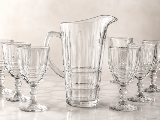 Set carafă cu 6 pahare din sticlă transparentă – 7 piese