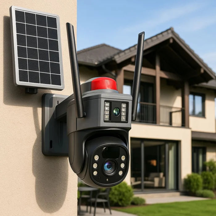 Cameră de Supraveghere Solară 4G, 2 lentile,360, Rezoluție 2K Ultra HD, Viziune Nocturnă Color, Detecție Mișcare, Audio Bidirecțional & Avertizare Luminoasă