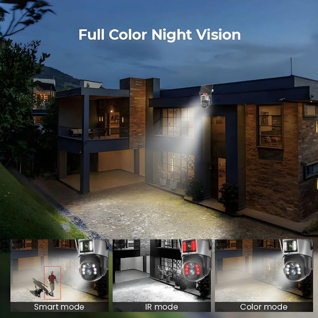 Cameră de Supraveghere Solară 4G, 2 lentile,360, Rezoluție 2K Ultra HD, Viziune Nocturnă Color, Detecție Mișcare, Audio Bidirecțional & Avertizare Luminoasă