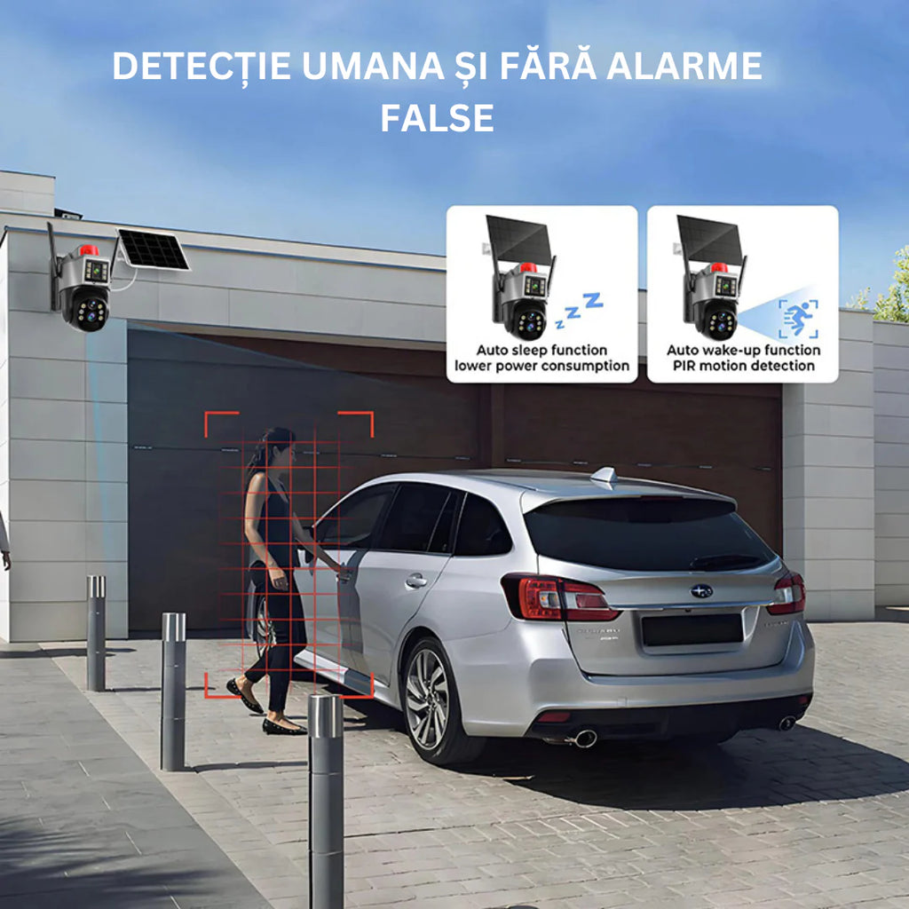 Cameră de Supraveghere Solară 4G, 2 lentile,360, Rezoluție 2K Ultra HD, Viziune Nocturnă Color, Detecție Mișcare, Audio Bidirecțional & Avertizare Luminoasă