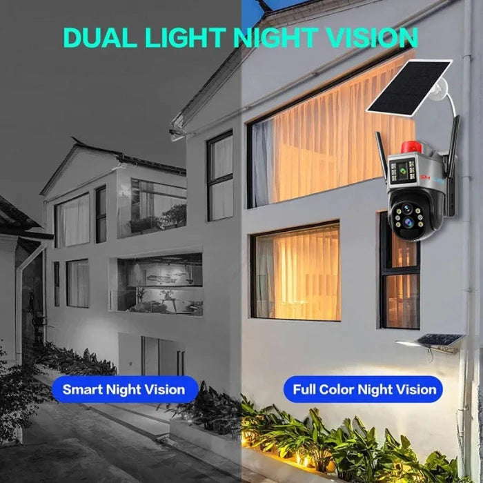 Cameră de Supraveghere Solară 4G, 2 lentile,360, Rezoluție 2K Ultra HD, Viziune Nocturnă Color, Detecție Mișcare, Audio Bidirecțional & Avertizare Luminoasă