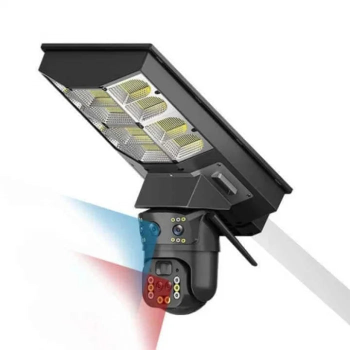 Cameră de supraveghere triplă V380 Solară cu proiector 450W, 16MP, zoom 10x, baterie 16000mAh, IP68