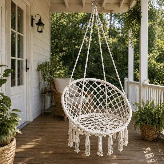 Scaun balansoar tip hamac din macrame pentru grădină sau terasă