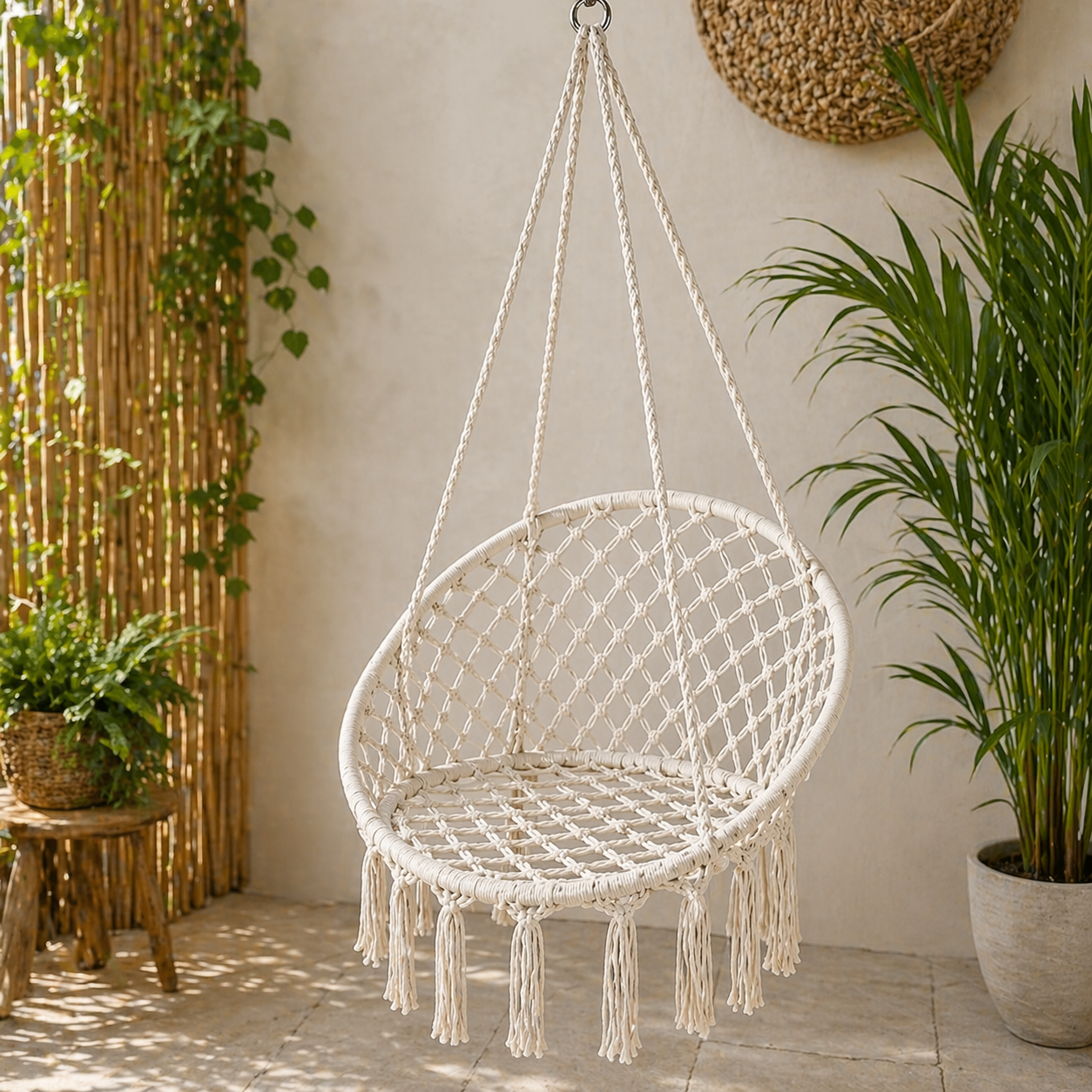 Scaun balansoar tip hamac din macrame pentru grădină sau terasă