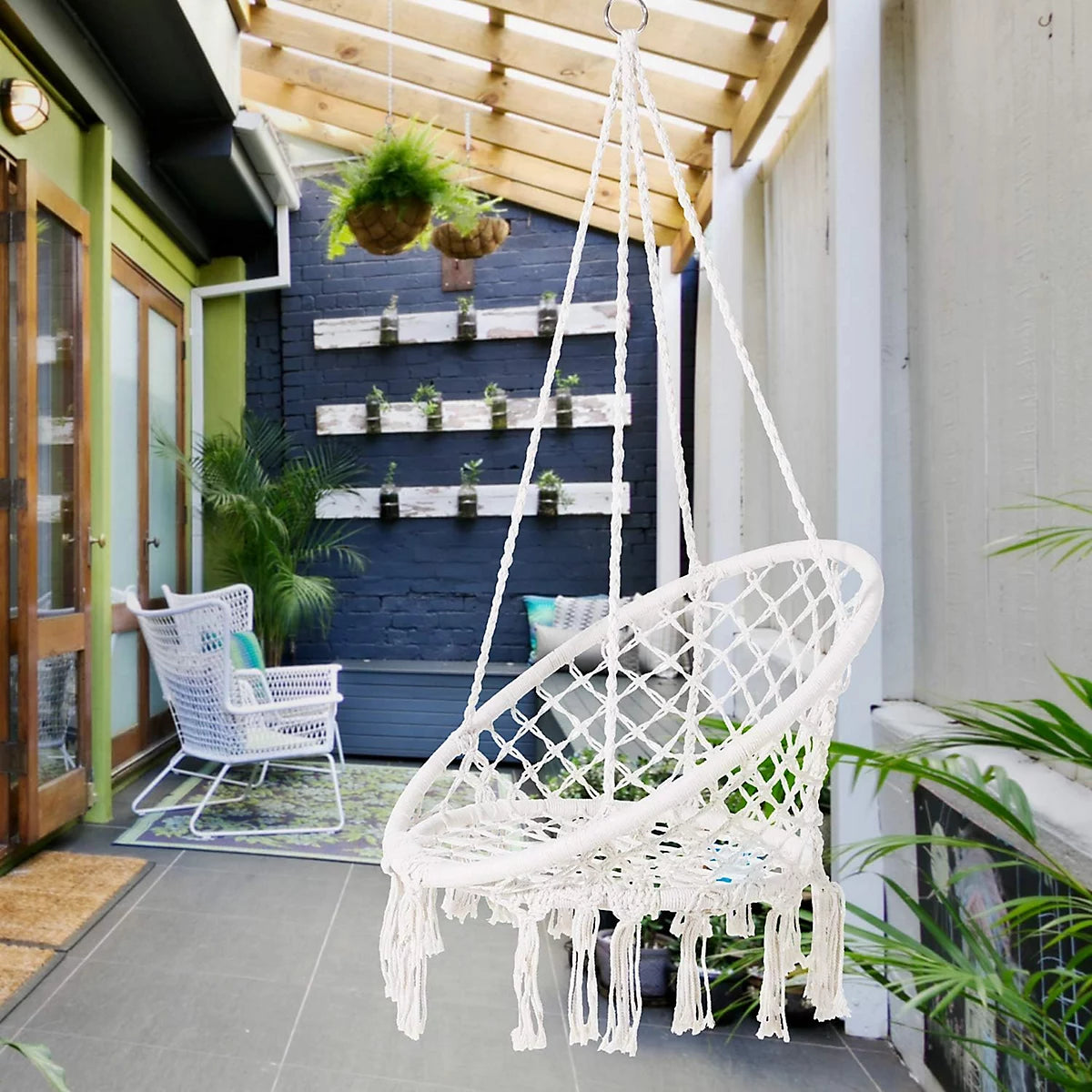 Scaun balansoar tip hamac din macrame pentru grădină sau terasă
