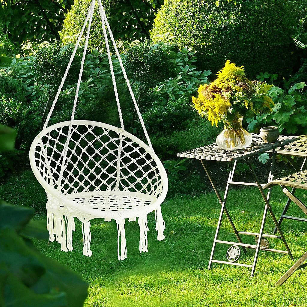 Scaun balansoar tip hamac din macrame pentru grădină sau terasă