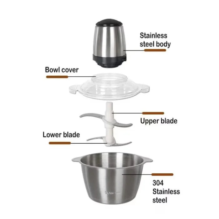 Tocător Electric Multifuncțional 3L – 4 Lame din Inox, 2 Viteze, Bol din Oțel Inoxidabil